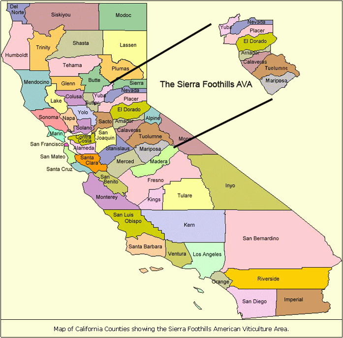 Map of California Counties showing the Sierra Foothills American Viticulture Area.